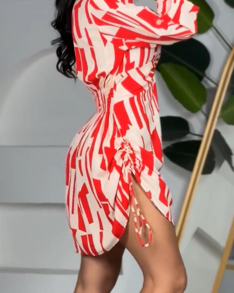 All Over Print Side Drawstring Twisted Shirt Dress