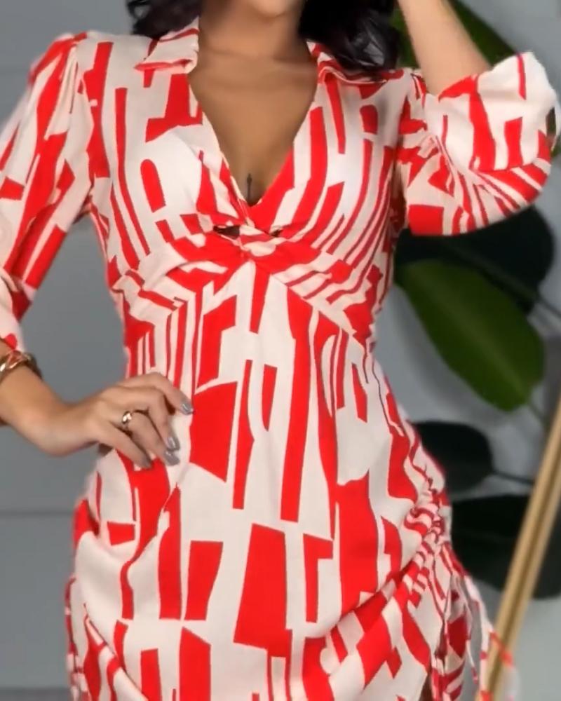 All Over Print Side Drawstring Twisted Shirt Dress