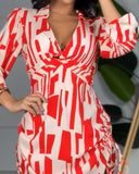 All Over Print Side Drawstring Twisted Shirt Dress