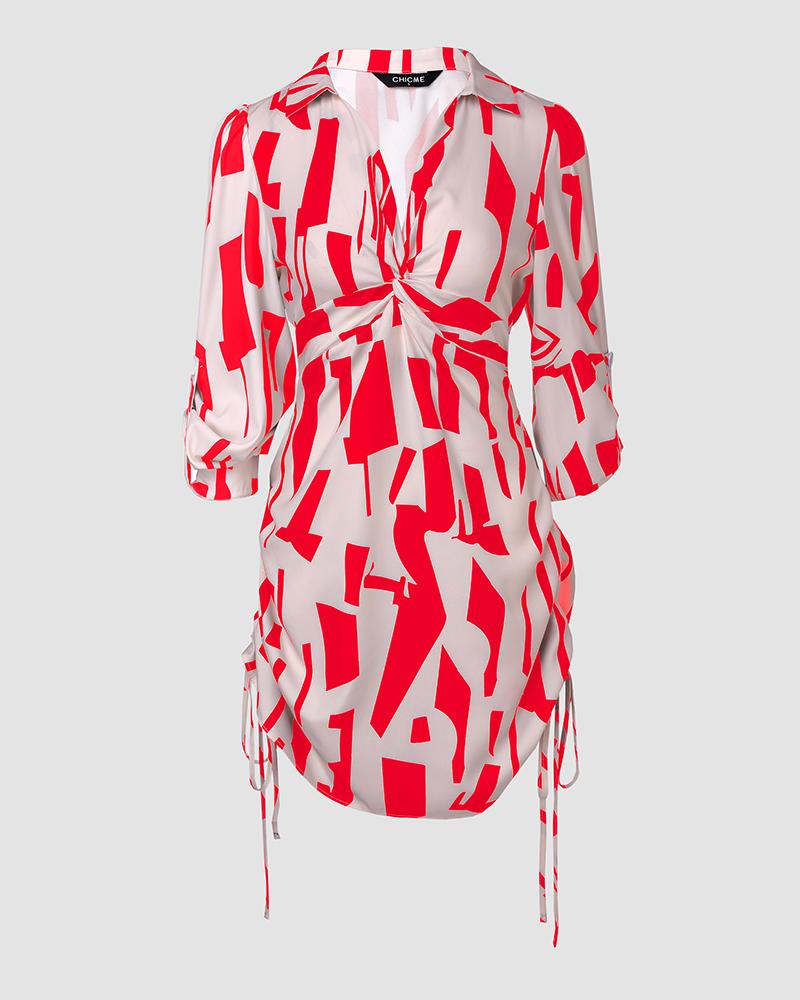 All Over Print Side Drawstring Twisted Shirt Dress