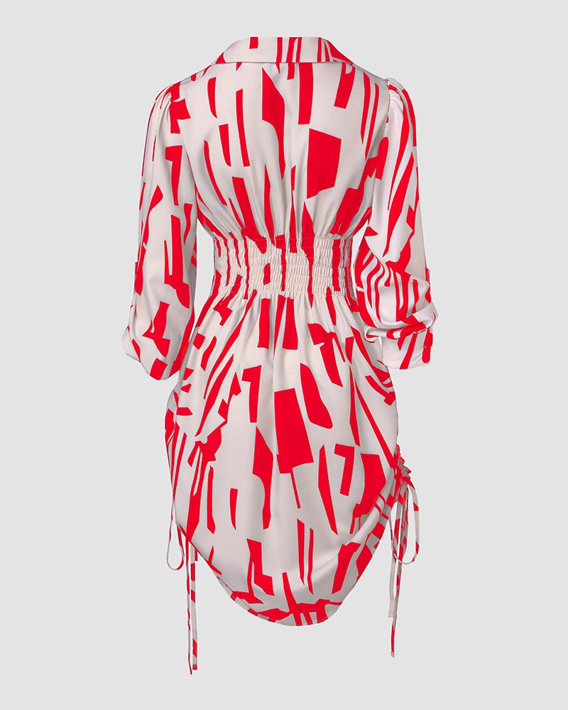 All Over Print Side Drawstring Twisted Shirt Dress