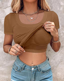 Built in Bra U neck Short Sleeve T shirt Rib knit Top