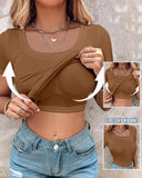 Built in Bra U neck Short Sleeve T shirt Rib knit Top