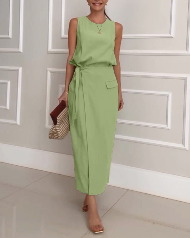 2 Pieces Outfit Round Neck Sleeveless Tank Casual Tied Detail Skirt Set