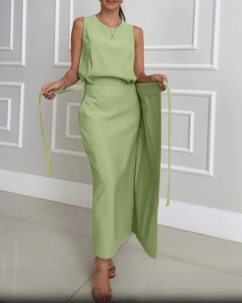 2 Pieces Outfit Round Neck Sleeveless Tank Casual Tied Detail Skirt Set