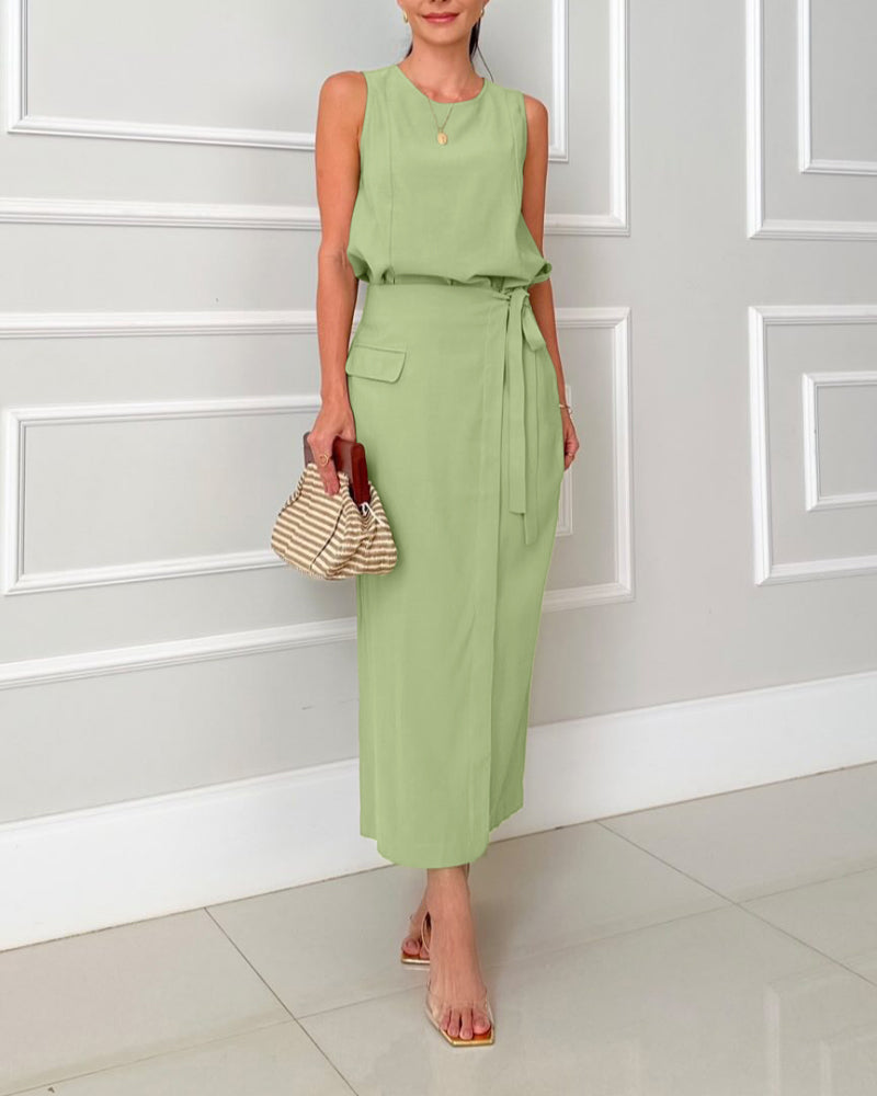 2 Pieces Outfit Round Neck Sleeveless Tank Casual Tied Detail Skirt Set