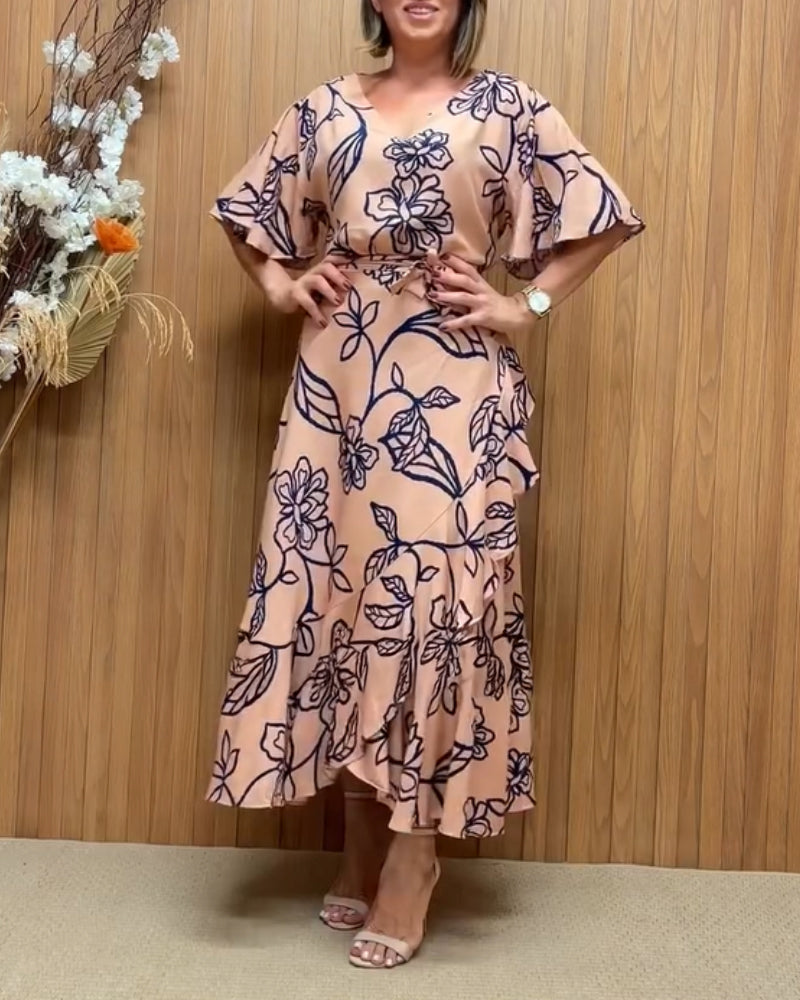 Floral Print V Neck Short Sleeve Backless Tied Detail Top and Wrapped Skirt Sets