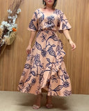 Floral Print V Neck Short Sleeve Backless Tied Detail Top and Wrapped Skirt Sets