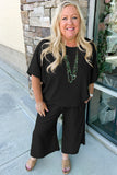 Black Textured Batwing Sleeve Tee Wide Leg Pants Plus Size Set