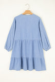 Beau Blue Puff Sleeve V Neck Tiered Ruffled Chambray Mini Dress