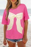 Strawberry Pink Contrasting Color Ribbon Bow Front Patch Loose Tee with Slits