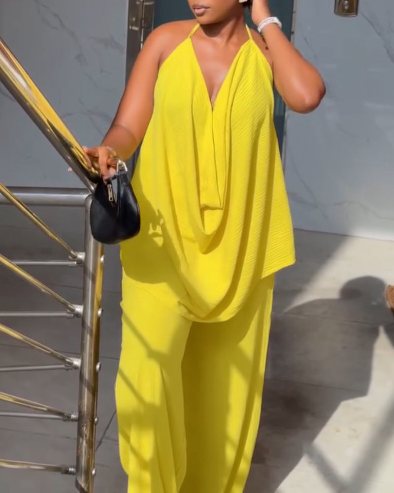 2 Pieces Outfit Plain Textured Cowl Neck Cold Shoulder Sleeveless Ruched Top and Casual Wide Leg Pants Set
