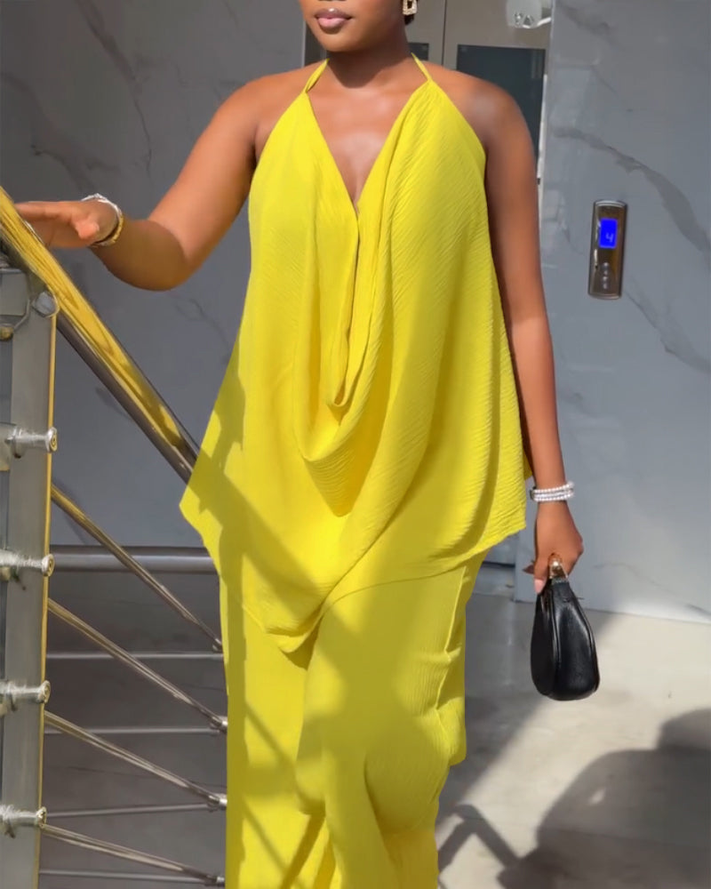 2 Pieces Outfit Plain Textured Cowl Neck Cold Shoulder Sleeveless Ruched Top and Casual Wide Leg Pants Set