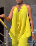 2 Pieces Outfit Plain Textured Cowl Neck Cold Shoulder Sleeveless Ruched Top and Casual Wide Leg Pants Set