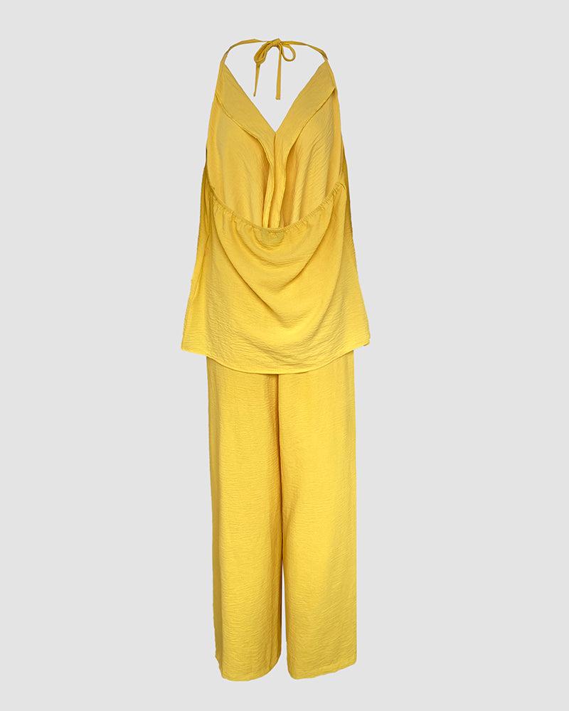 2 Pieces Outfit Plain Textured Cowl Neck Cold Shoulder Sleeveless Ruched Top and Casual Wide Leg Pants Set