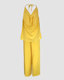 2 Pieces Outfit Plain Textured Cowl Neck Cold Shoulder Sleeveless Ruched Top and Casual Wide Leg Pants Set