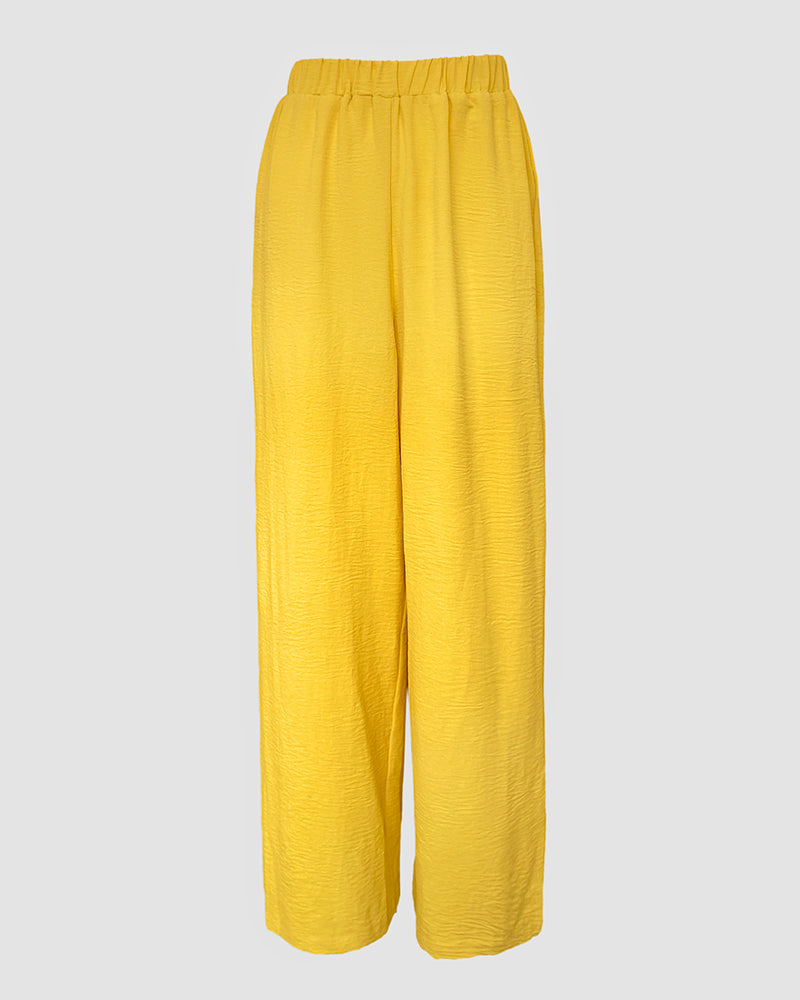 2 Pieces Outfit Plain Textured Cowl Neck Cold Shoulder Sleeveless Ruched Top and Casual Wide Leg Pants Set