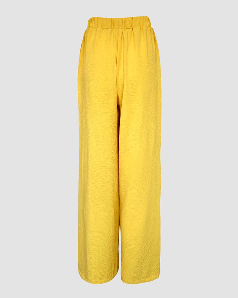 2 Pieces Outfit Plain Textured Cowl Neck Cold Shoulder Sleeveless Ruched Top and Casual Wide Leg Pants Set