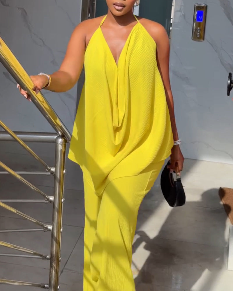 2 Pieces Outfit Plain Textured Cowl Neck Cold Shoulder Sleeveless Ruched Top and Casual Wide Leg Pants Set