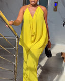 2 Pieces Outfit Plain Textured Cowl Neck Cold Shoulder Sleeveless Ruched Top and Casual Wide Leg Pants Set