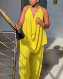 2 Pieces Outfit Plain Textured Cowl Neck Cold Shoulder Sleeveless Ruched Top and Casual Wide Leg Pants Set