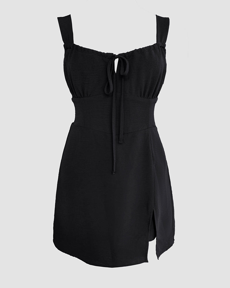 Leopard Square Neck Spaghetti Strap Romper Asymmetrical Lace up Slit Romper