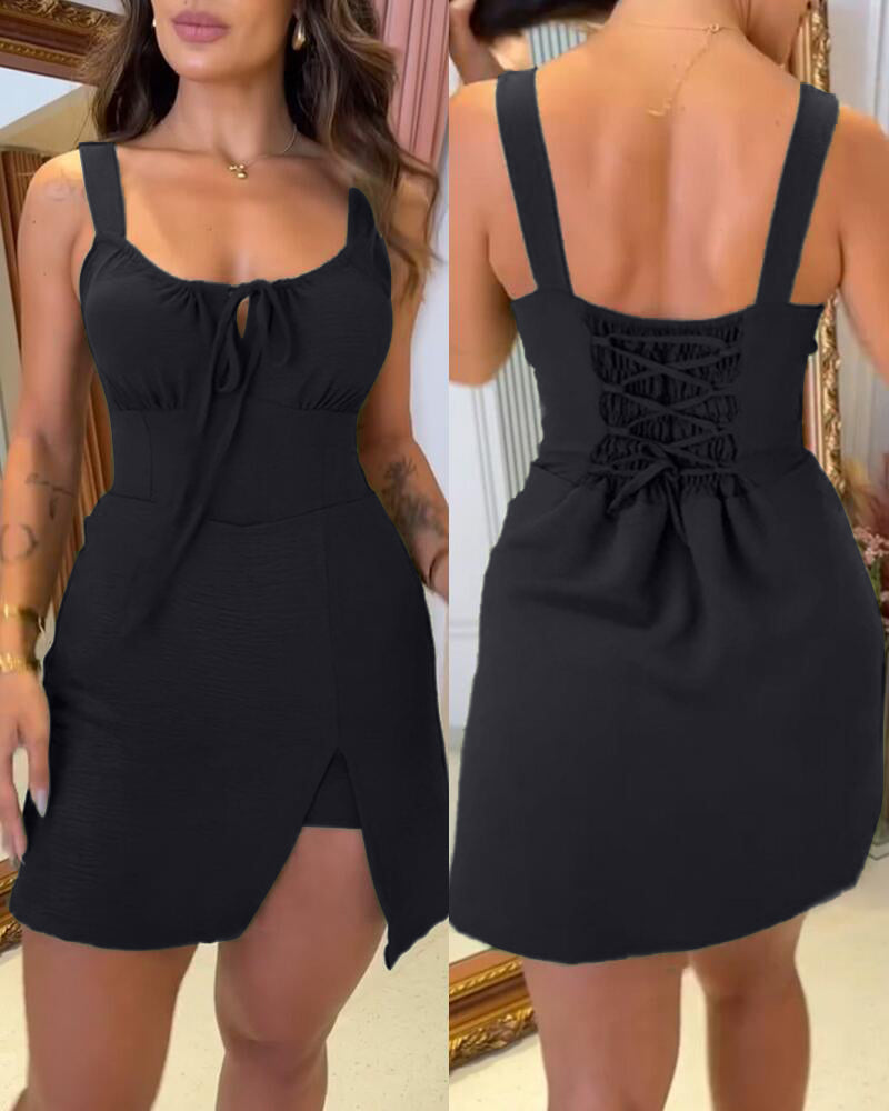 Leopard Square Neck Spaghetti Strap Romper Asymmetrical Lace up Slit Romper