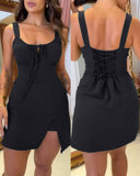 Leopard Square Neck Spaghetti Strap Romper Asymmetrical Lace up Slit Romper