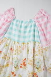 Pink Ric Rac Plaid Floral Print Patchwork Bubble Sleeve Dress