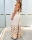 2 Pieces Outfits Tribal Print Keyhole Neck Sleeveless Top and Wide Leg Tied Detail Slit Pants Sets