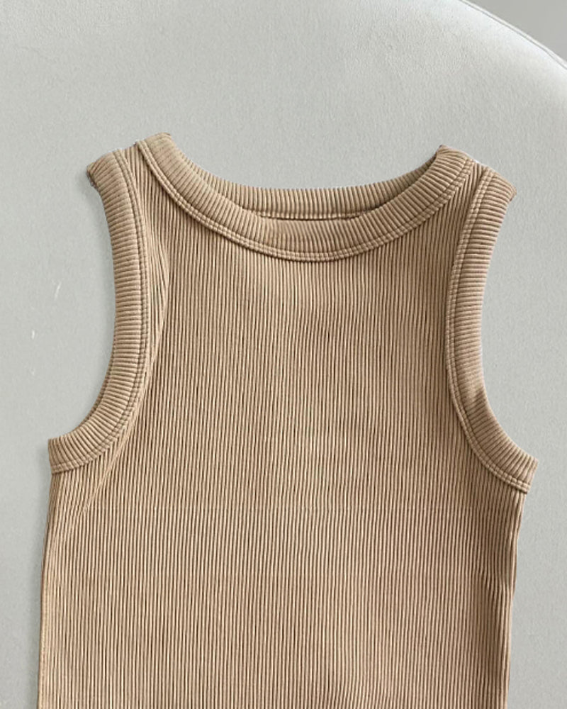 Round Neck Sleeveless Ribbed Bodysuit Casual Slim Fit Tank Top