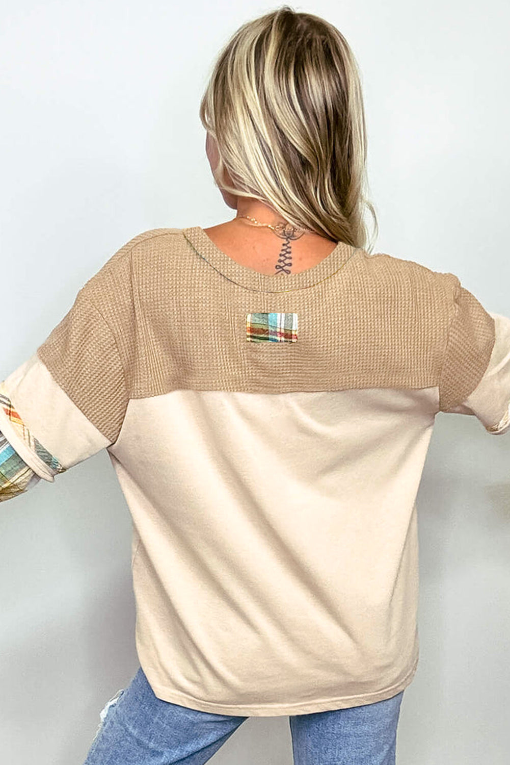 Parchment Plus Size Plaid Patchwork Layered Henley Top