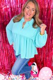 Turquoise Cordrd Balloon Sleeve Collar Plus Babydoll Top