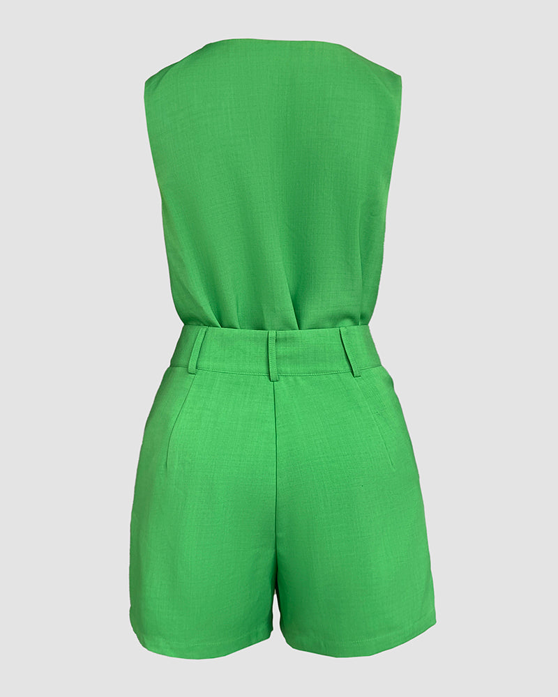 2 Pieces Summer Outfits V Neck Sleeveless Ruched Tank and Casual Pocket Design Shorts Set