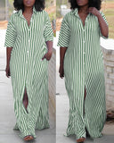 Striped Buttoned Slit Shirt Dress