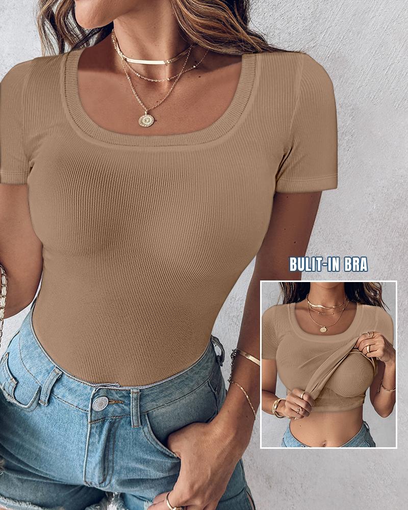 Built in Bra U neck Short Sleeve T shirt Rib knit Top