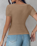 Built in Bra U neck Short Sleeve T shirt Rib knit Top