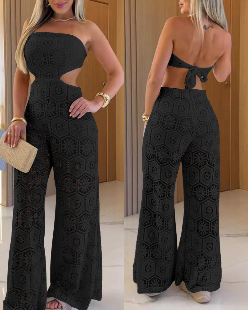 Bandeau Eyelet Embroidery Tied Detail Overalls Casual Cutout Jumpsuit(With Lining)