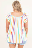 White Stripe Ruffled Sleeve Square Neck Plus Size Blouse