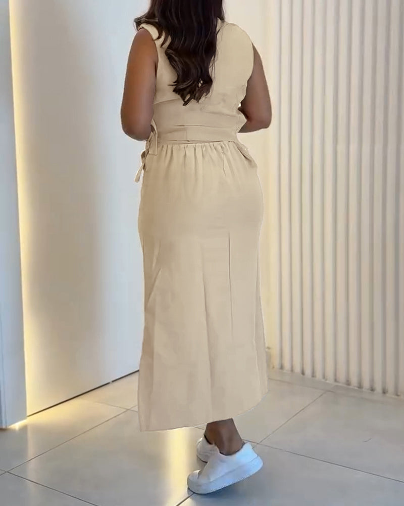 2 Pieces Outfit Sleeveless Waist Buckle Decor Tank and Casual High Waist Slit Skirt Set