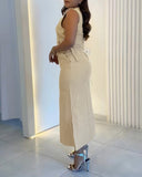 2 Pieces Outfit Sleeveless Waist Buckle Decor Tank and Casual High Waist Slit Skirt Set