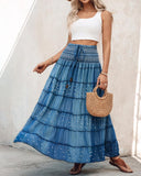 Two Way Wear Versatile High Waist Denim Midi Skirt with Pearl Embellishments Off the Shoulder Long Dress