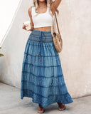 Two Way Wear Versatile High Waist Denim Midi Skirt with Pearl Embellishments Off the Shoulder Long Dress