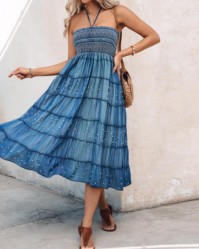 Two Way Wear Versatile High Waist Denim Midi Skirt with Pearl Embellishments Off the Shoulder Long Dress