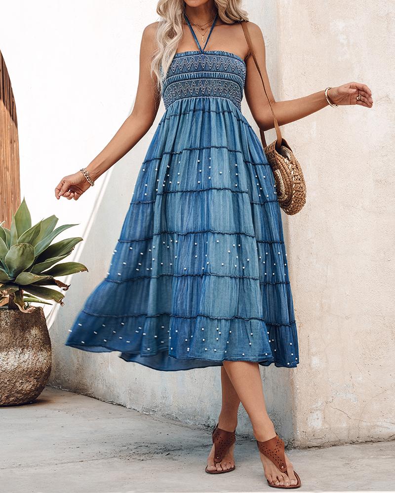 Two Way Wear Versatile High Waist Denim Midi Skirt with Pearl Embellishments Off the Shoulder Long Dress