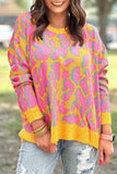 Bright Pink Plus Size Leopard Ribbed Trim Sweater