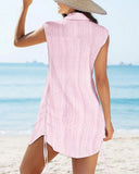 V Neck Turn down Neck Sleeveless Drawstring Hollow out Mini Dress Vacation Cover Up