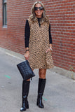 Khaki Leopard Print V Neck Sleeveless Collared Mini Dress