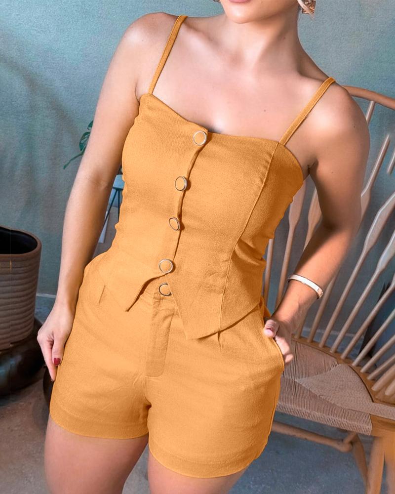 2 Pieces Outfit Spaghetti Strap Button Front Slit Hem Shirred Cami Top and Casual Zipper Fly Elastic Back Waist Slim Fit Shorts Set