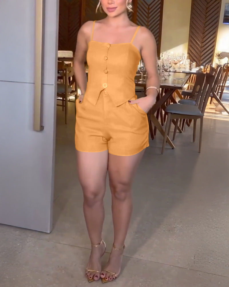 2 Pieces Outfit Spaghetti Strap Button Front Slit Hem Shirred Cami Top and Casual Zipper Fly Elastic Back Waist Slim Fit Shorts Set